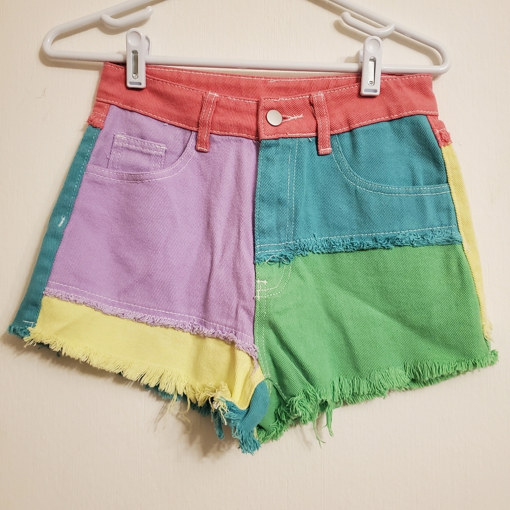 Shein Womens High Waist Off Denim Short Colorblock 80s 90s Style Regular Size XS